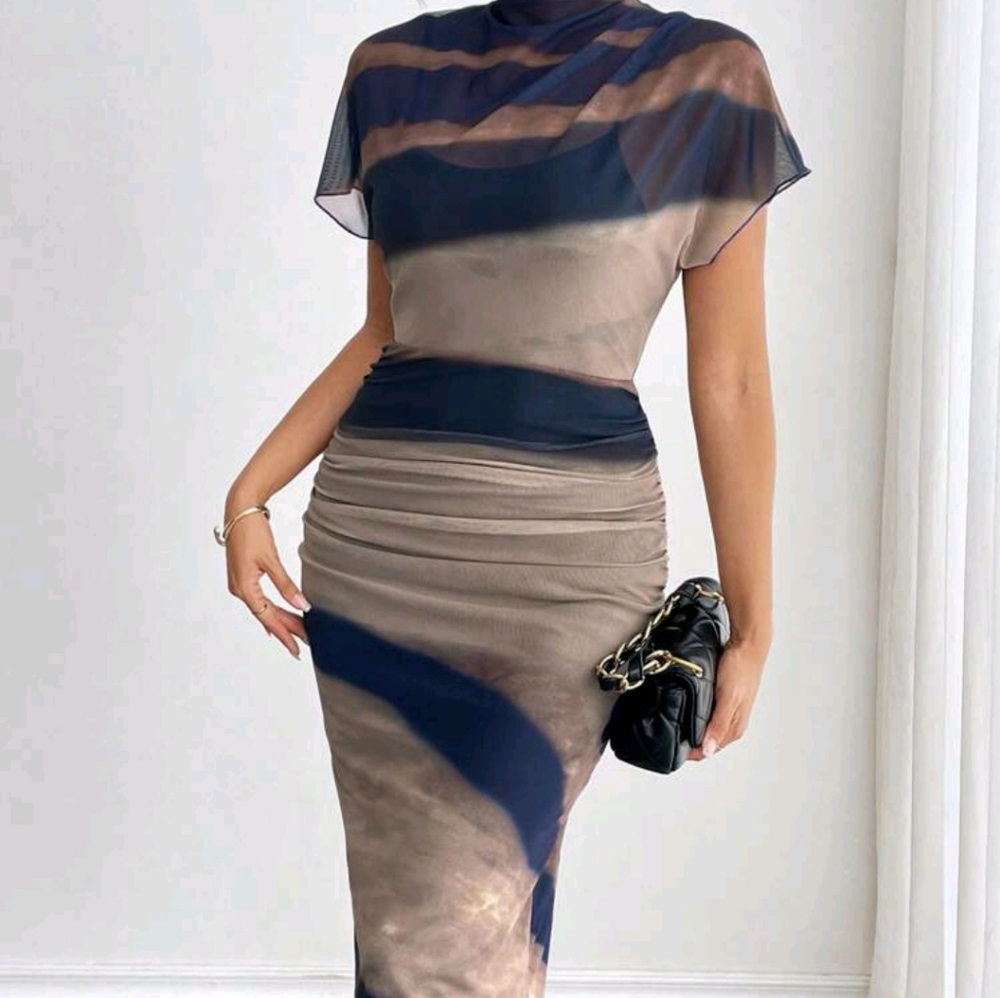 Perspective Stand Collar Tie-Dye Mesh Fabric Print Dress Maxi Women - Picture 4 of 7